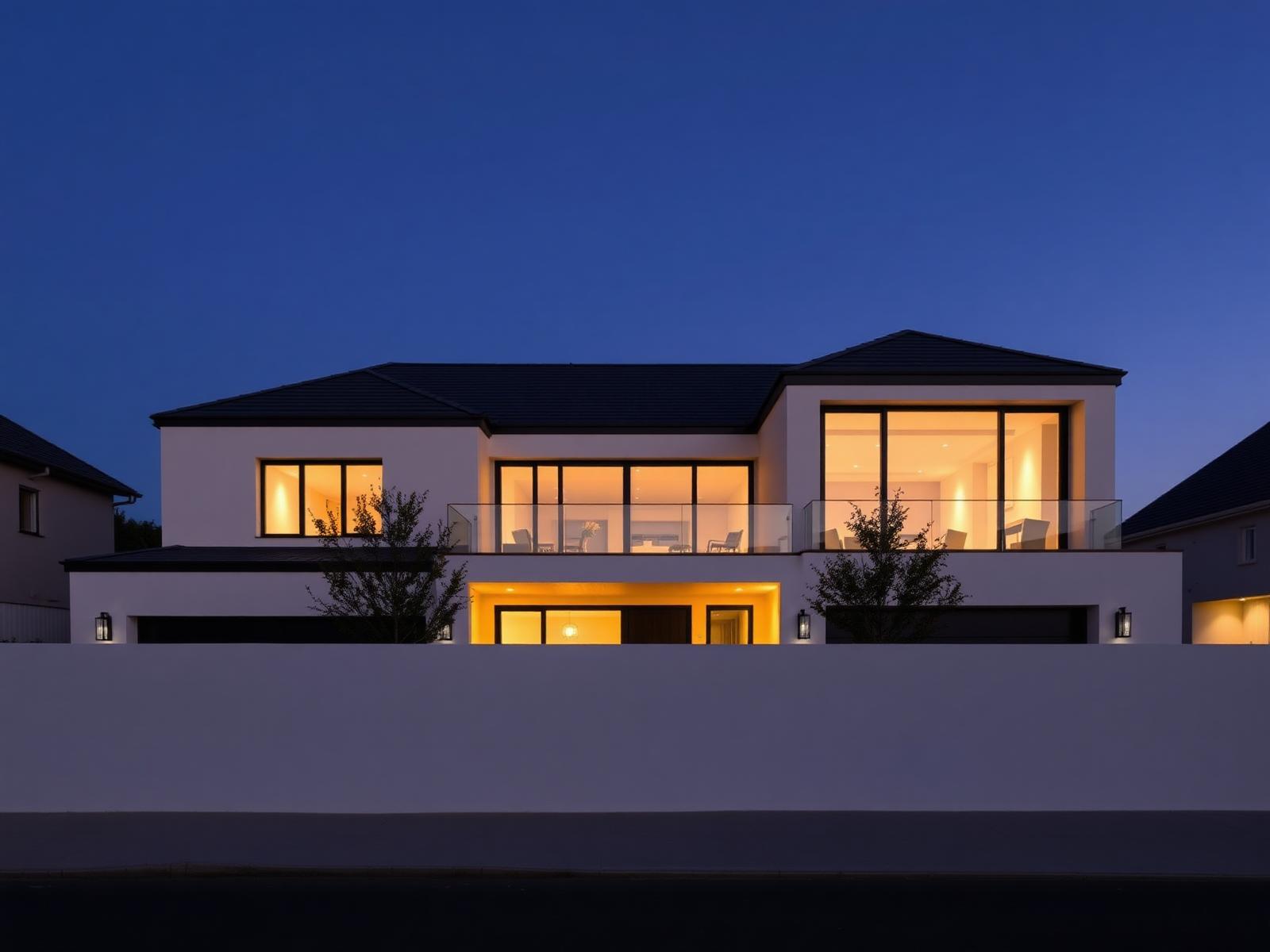 A composed family home at dusk